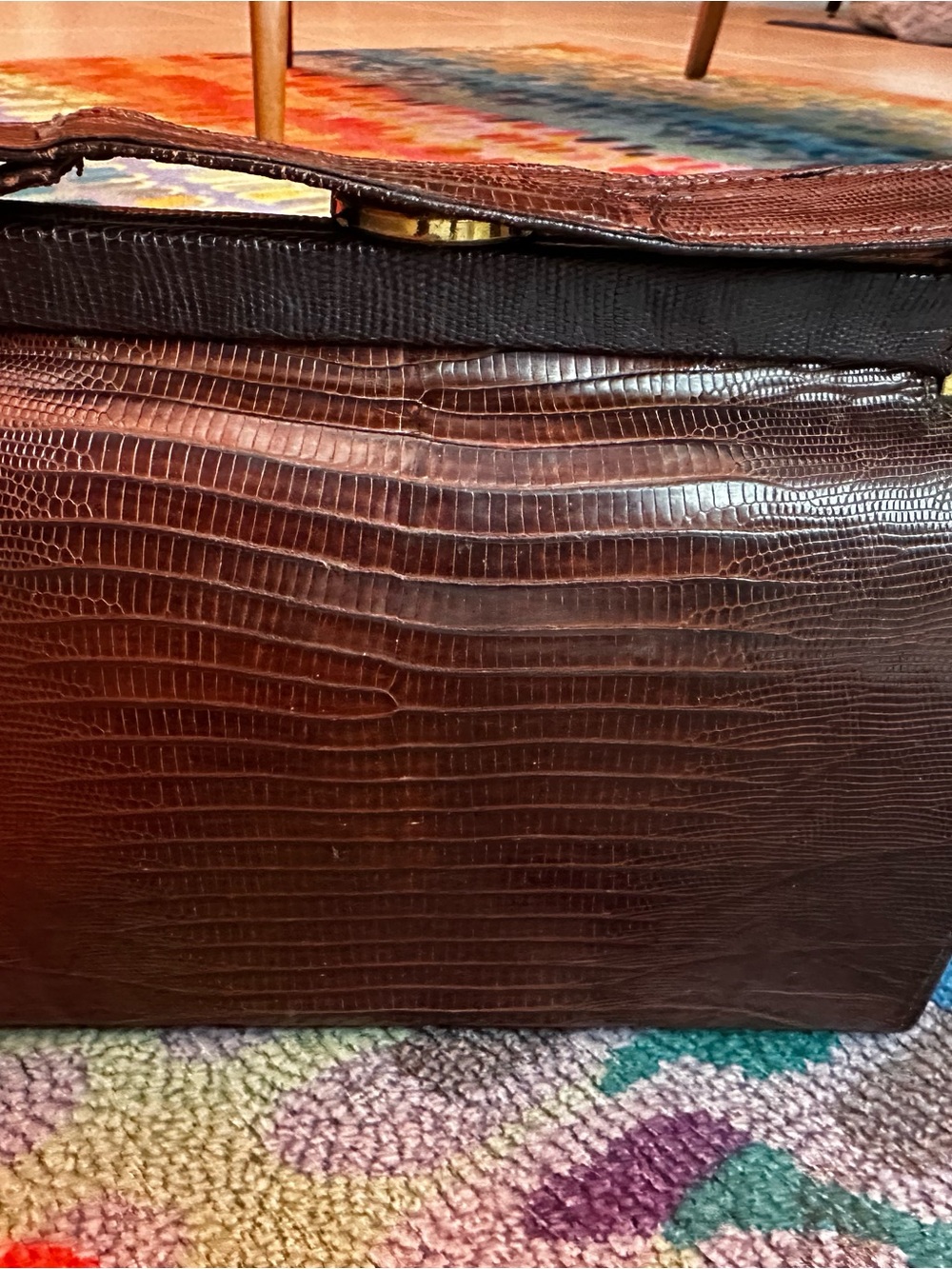 Vintage croc or snakeskin-embossed leather handbag in brown